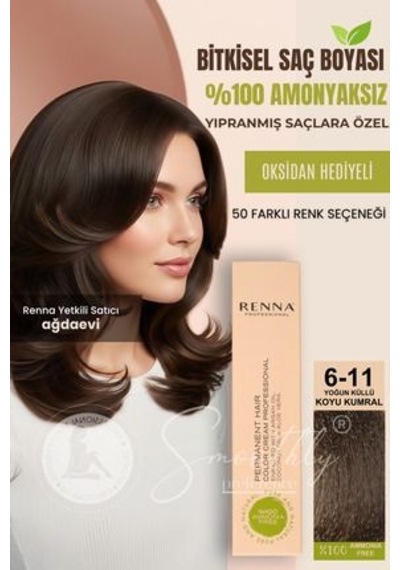 Renna Amonyaksız Bitkisel Yıpranmış Saçlar İçin Saç Boyası 6-11 Yoğun Koyu Küllü Kumral 60ml