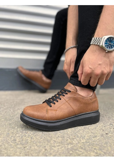Mevese Tsoob Bağcıklı Cilt Erkek Günlük Rahat Taban Sneaker Ayakkabı - Taba Siyah