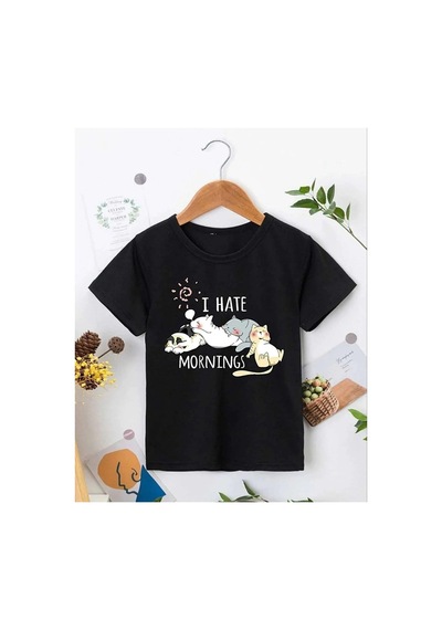 Kız Çocuk Bisiklet Yaka Baskılı T-shirt - Siyah