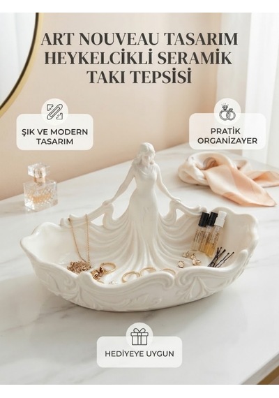 Art Nouveau Tasarım Heykelcikli Seramik Takı Tepsisi Açık Beyaz