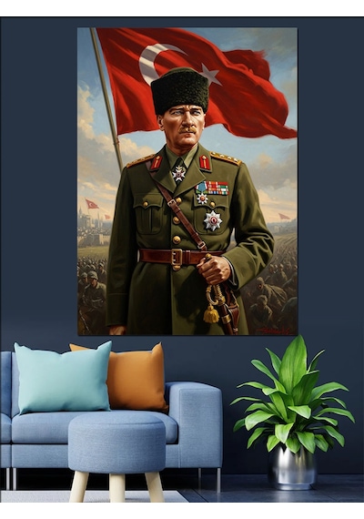 Atatürk Türk Bayrağı Altında Üniformalı Dekoratif Kanvas - Mdf Ahşap Tablo