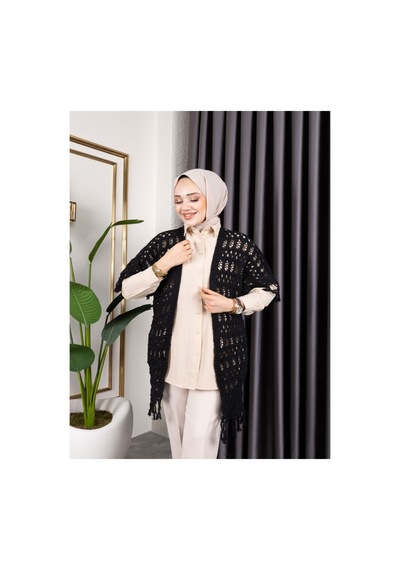 Hira Life Fashion Kadın Mevsimlik Saçaklı Ve Ajurlu Pamuk Triko Hırka Siyah Siyah