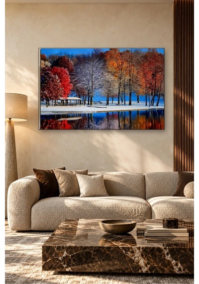Fida Karla Örtülü Göl Kıyısında Kızıl Ağaçlar Canvas Tablo Çok Renkli
