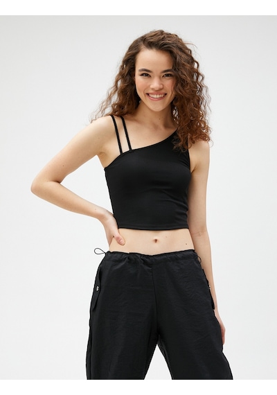 Koton Crop Fitilli Atlet Asimetrik Yaka Siyah 3sal30065ık 3SAL30065IK999 Siyah