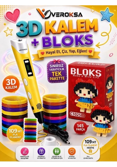 Sarı 3d Kalem + 145 Parça Blok Seti Hayal Et, Çiz, Yap, Eğlen Pamuk Prenses