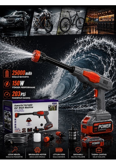 203psı Basınçlı Oto Yıkama Makinesi 25000mah Çift Batarya 150w 6in1 Çantalı Kablosuz Gri