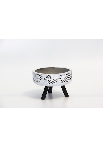 Bonsai Saksısı Arkaik Motif Ayaklı - El Yapımı Beyaz Beton Saksı