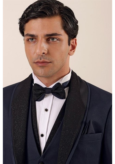 İmza Koyu Lacivert Desenli Çıkarılabilir Şal Yaka Yelekli 6 Drop Slim Fit Smokin Damatlık Takım 1001230204-Lacivert