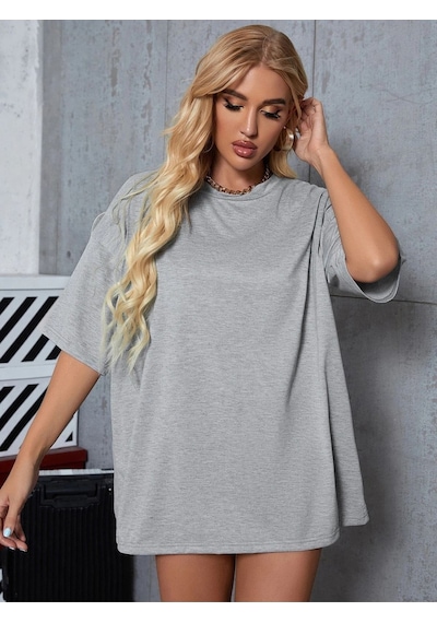 Gri Basic Düz Baskısız Oversize Salas Boyfriend Kadın T-shirt Gri