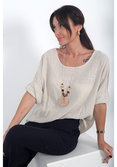 By Saygı Kadın İtalyan Coton Oversize Bluz Bej