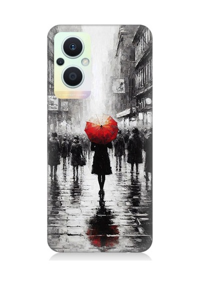 Oppo Reno 7 Lite Uyumlu Kırmızı Şemsiyeli Yalnızlık Desenli Silikon Kılıf Çok Renkli