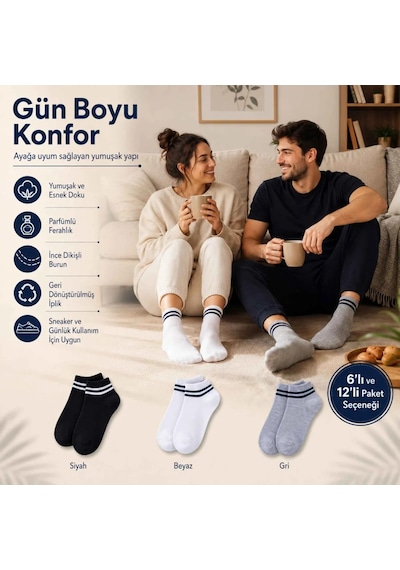 Womanandkids Wak Unisex Çizgili Kısa Konç Patik Çorap 6 Çift, Pamuklu Geri Dönüştürülmüş İplik, Parfümlü İnce Çok Renkli 6'lı