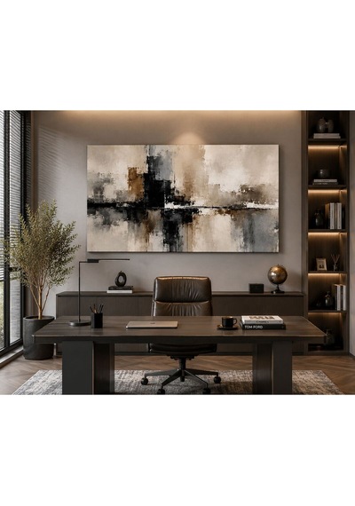 Modern Şehir Yansımaları Soyut Kanvas Tablo Bej Siyah Gri Tonlarda Premium Minimalist Duvar Dekoru Salon, Yatak Odası Ve Ofis İçin Şık Tasarım