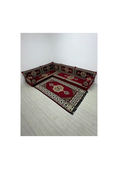 Güneş Modeli Bordo Otantik Şark Köşesi Takımı L Set - Geleneksel Yer Minderi Seti 10 Cm Minder Kalınlığı 10 Parça