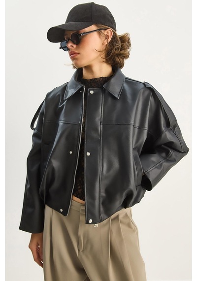 Shade Kadın Apolet Detaylı Cepli Oversize Suni Deri Bomber Ceket 1055 60283650 - Siyah