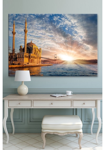 Ortaköy Camii Boğaz Gün Batımı Şehir Manzara Kanvas Tablo 30 x 20
