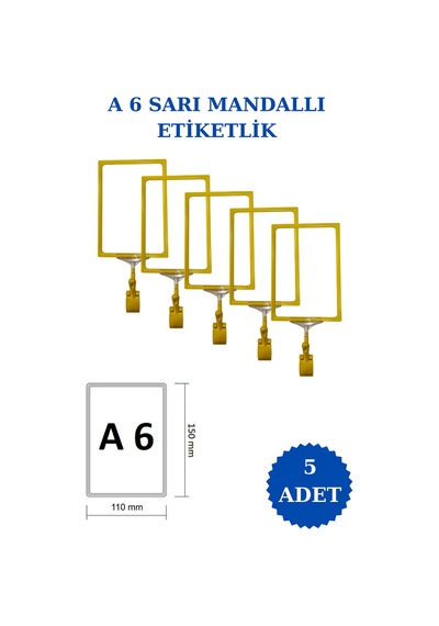 5 Adet Sarı A6 Mandallı Raf Sepet Etiketi Çerçeveli Etiketlik Sarı
