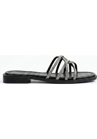 Artı Ayakkabı Mia026-1601 Günlük Kadın Siyah Kırışık Rugan Taşlı Tatil Terliği