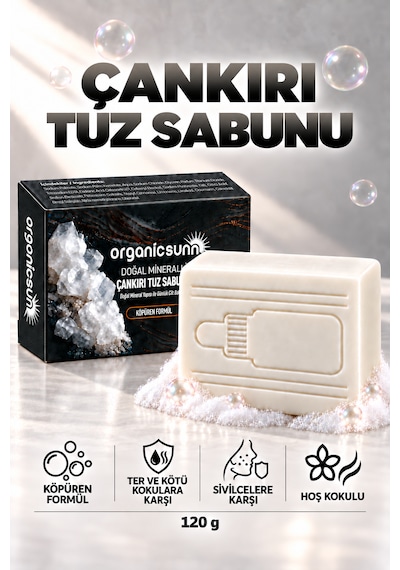 Organicsun Çankırı Tuz Sabunu 120 Gr Köpüren Formül - Zengin Doğal Mineralli Kaya Tuzu Sabunu