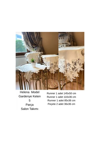 Salon Takımı Çeyizlik Helena Model Krem 5 Parça Keten Dantelli Runner Seti Bzckh607 Çok Renkli