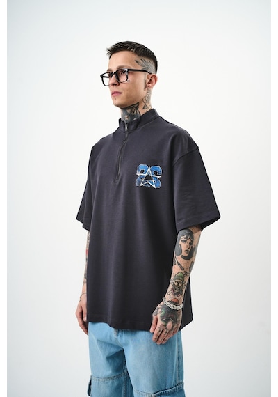 Respire Erkek 22 Baskılı Yarım Fermuarlı Oversize T-shirt Füme