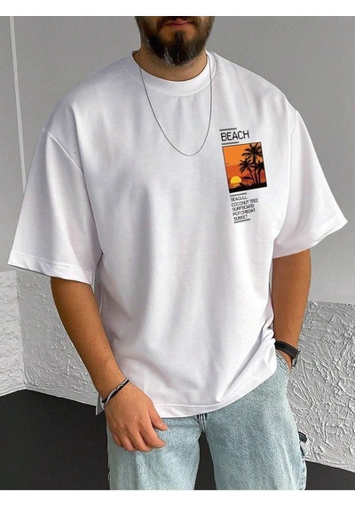 Beach Logo T-shirt - Beyaz Baskılı Oversize Bisiklet Yaka Kısa Kol Beyaz