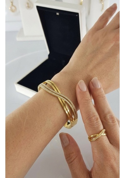 Sonsuzluk Kelepçe Yüzük 316l Çelik Takı Seti Gümüş - Rose Gold