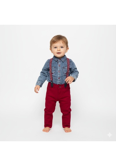 Mnk Baby & Kids Jeans Gömlek Gabardin Pantolon Erkek Bebek Takımı M00774 Bordo