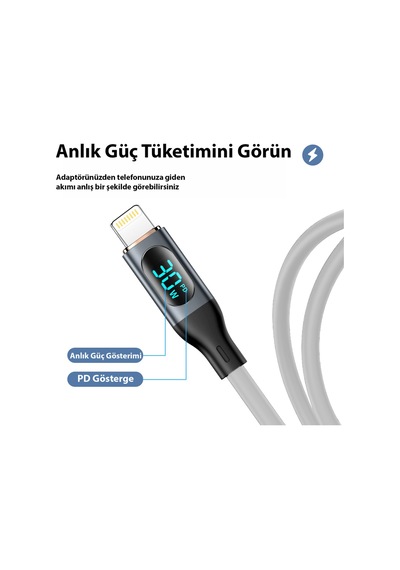 30w Lcd Ekranlı Type-c To Lightning Silikon Hızlı Şarj Ve Data Kablosu 1 Metre Mt2213