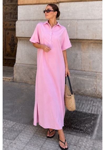 Madmext Pembe Modal Kumaş Maxi Gömlek Elbise Mg2866