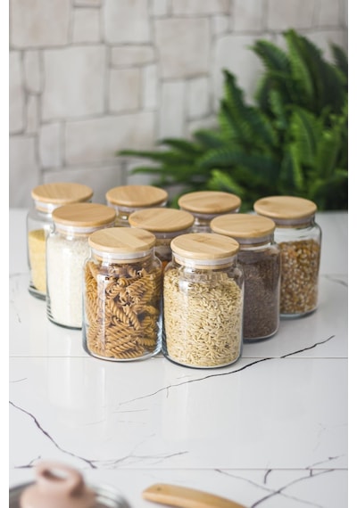 9 Lu Set Bambu Kapaklı Cam Kavanoz &  Erzak Saklama Kabı 800 ml Orta Boy ( Vakum Kapak )