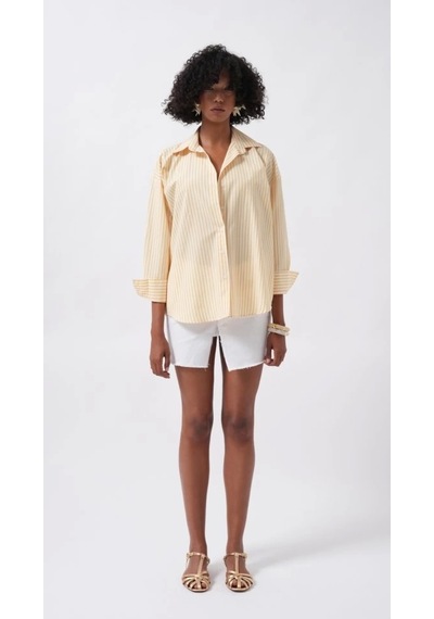 Defymoda Çizgili Detay Oversize Gömlek Sarı
