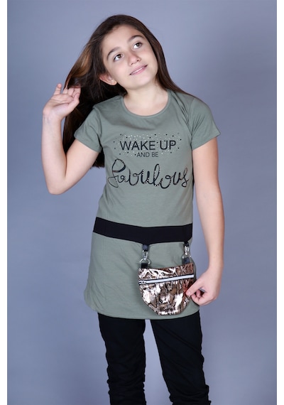 Toontoy Kids Toontoy Kız Çocuk T-shirt Önü Çantalı Haki