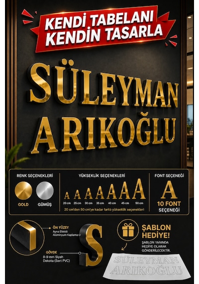 Alucor Kişiye Özel Aynalı Harf Tabela Gold / Gümüş Alucor Harf 20-50 Cm Hazır Şablonlu Kolay Montaj Ofis, İş Yeri Ve Kapı Tabelası Altın