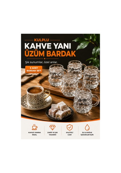 Kulplu Üzüm Desenli Cam Kahve Yanı Bardak 6'lı Set Türk Kahvesi Ve Espresso Su Bardağı Şeffaf
