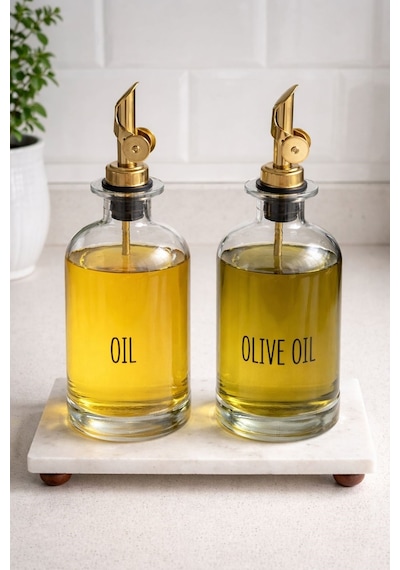Qerhome Mermer Stantlı 2'li Gold Başlıklı Şeffaf Cam Yağdanlık Seti 500 Ml+500 Ml Oliva Glass Şeffaf