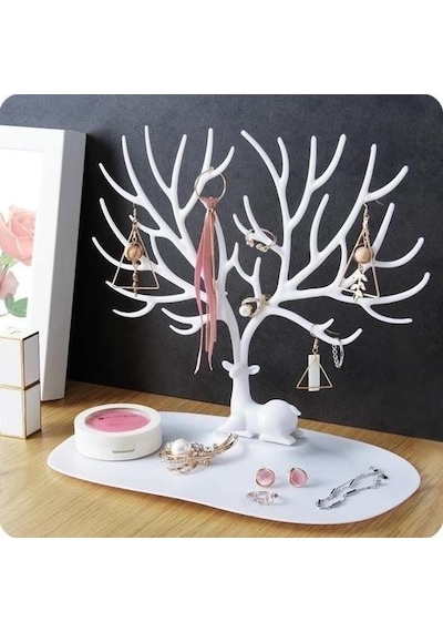 Geyik Tasarımlı Beyaz Yüzük - Küpe - Kolye Takı Standı Beyaz