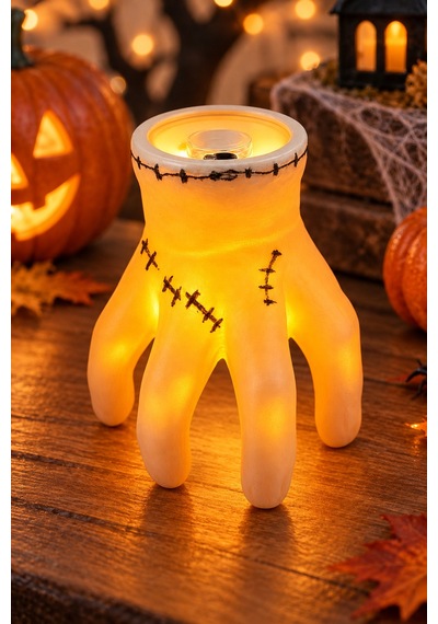 Halloween Cadılar Bayramı Işıklı El Dekoru Dikiş Detaylı Turuncu Led El Süsü 8 Cm Masa Oda Süsü Renkli