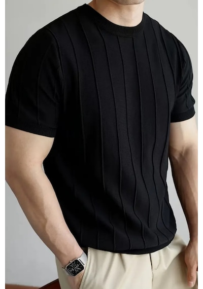 Cool Tarz Canlı Siyah Erkek Yuvarlak Yaka Örme T-shirt Canlı Siyah Canlı Siyah