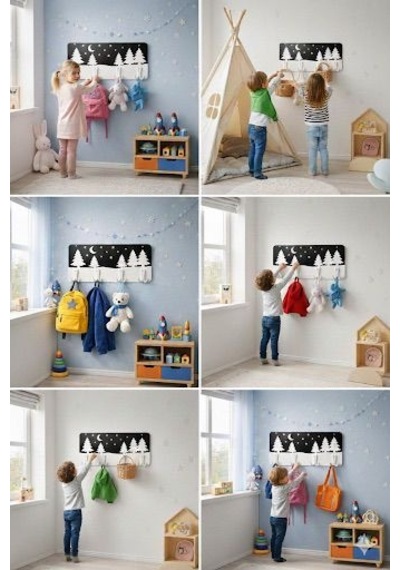Premium Montessori Katmanlı Çocuk Odası Askılığı - Çam Ormanı Modeli Özgüven Destekleyici Özel Tasarım Siyah - Beyaz