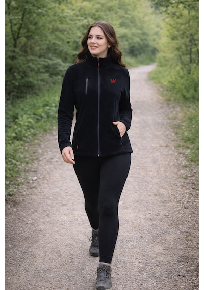Walke Premium Kadın Tam Cepli Fermuarlı Outdoor Spor Polar Ceket Siyah