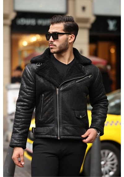 Erkek Napa Deri Içi Full Kürklü Slim Fit Mont & Ceket Siyah