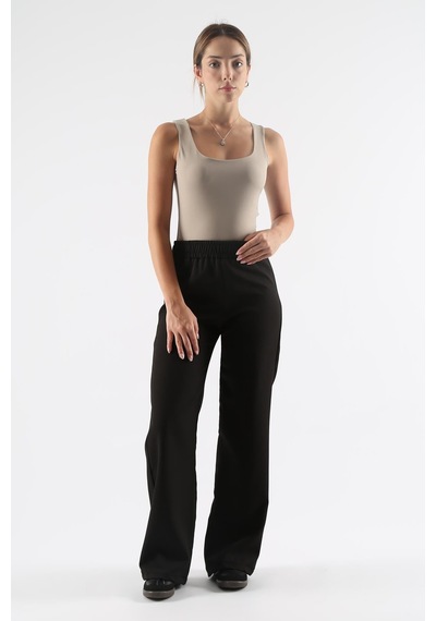 Dokuma Siyah Geniş Paça Beli Lastikli Basic Uzun Kadın Pantolon Sh191 S