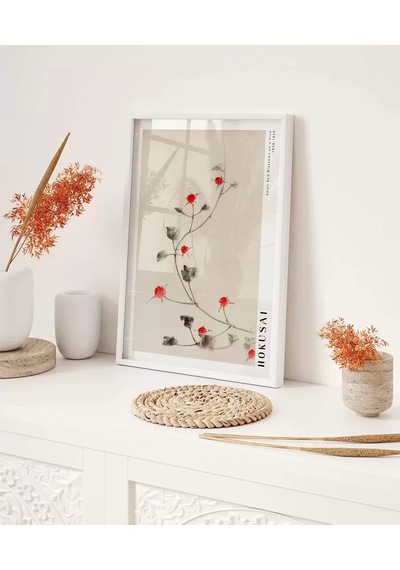 Çerçevesiz Poster Hokusai Asma Üzerinde Küçük Kırmızı Çiçekler