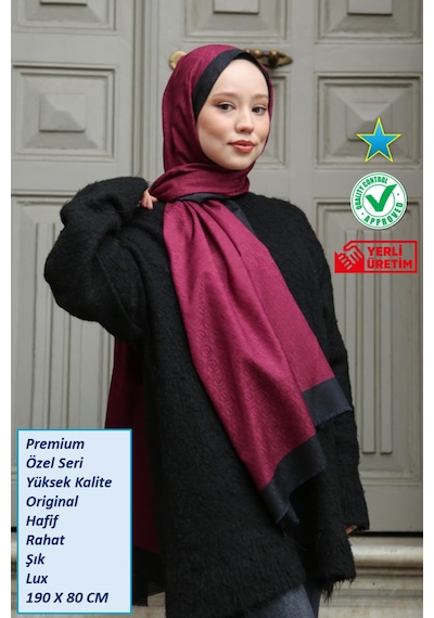 Premium Lux Original Monogram Şal İpek Vual, Yüksek Kalite, Hafif, Rahat, Şık, Tesettür, Shawl Bordo