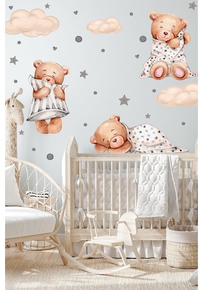 MSticker 3'lü Uyuyan Ayıcık Bulutlar Ve Yıldızlar Çocuk Bebek Odası Sticker Seti Pembe