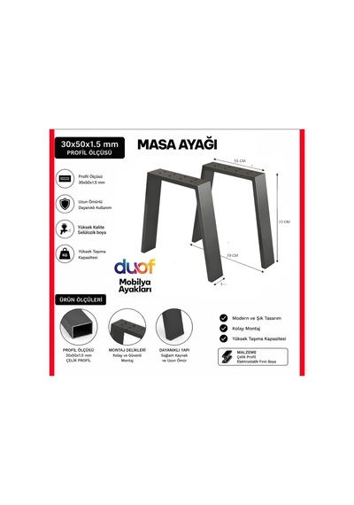Metal Masa Ayağı 2 Adet Ayak 72 Cm Mobilya Ayağı Siyah Siyah