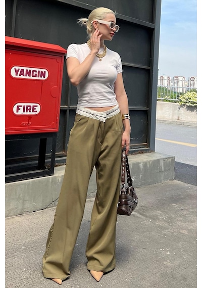 Madmext Haki Kemer Detaylı Bol Paça Pantolon Mg1834-haki Haki
