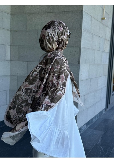 Qalortex Scarf Pamuklu Mimoza Desen Şal- Krem