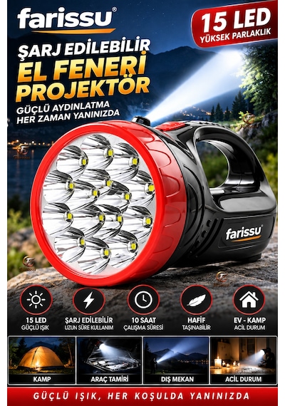 15 Led Şarj Edilebilir El Feneri Projektör 2 Kademeli Uzun Menzilli Güçlü Işıldak Siyah